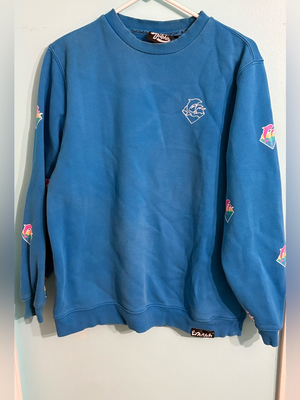Pink Dolphin Teal Blue Crewneck Sweatshirt with Sleeve Graphics